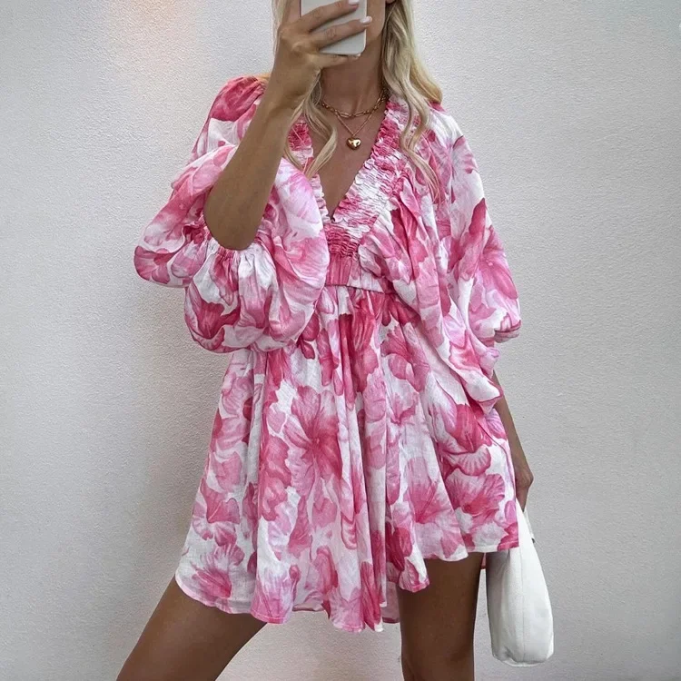 Mini Robe à Manches Bouffantes pour Femme, Col en V Profond, Dos aux, Vintage, Rose, Imprimé Floral, Boho, Plage, ix, Été, Éducatif