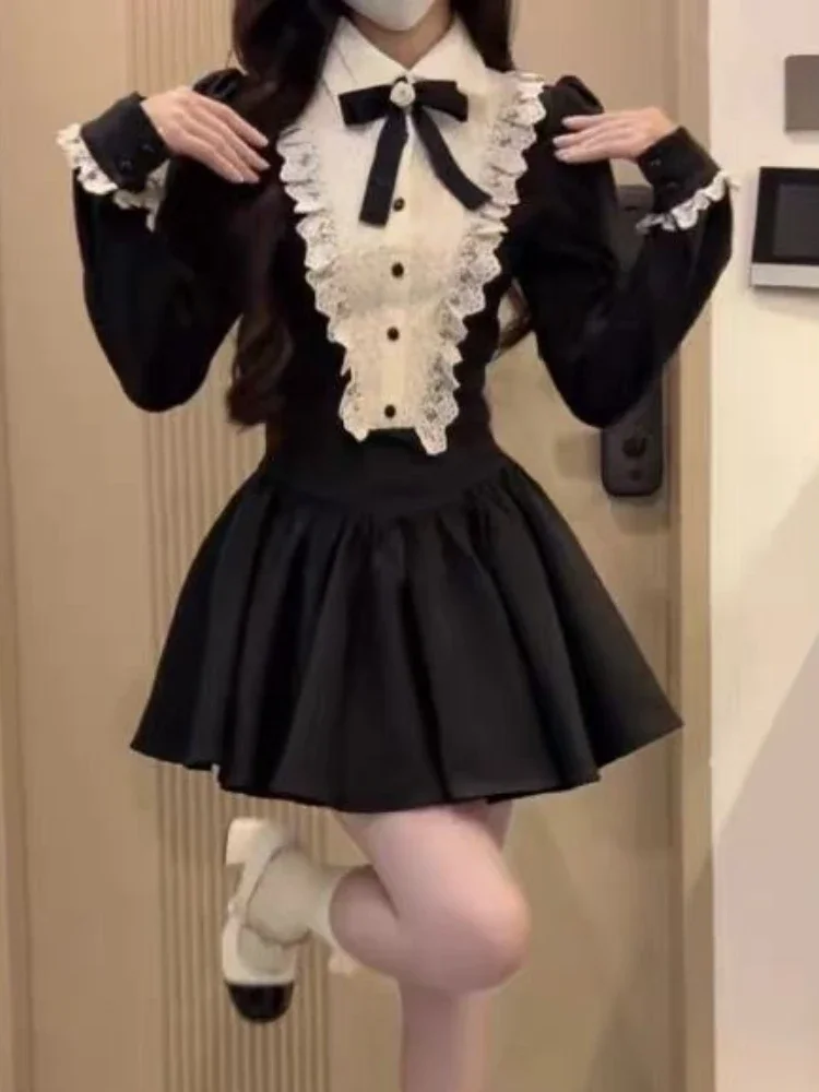 الخريف النمط الفرنسي الوردي كم طويل حفلة ميدي الجنية الحلو القوس فستان بيتر بان طوق المرأة المرقعة الدانتيل مطوي فساتين صغيرة