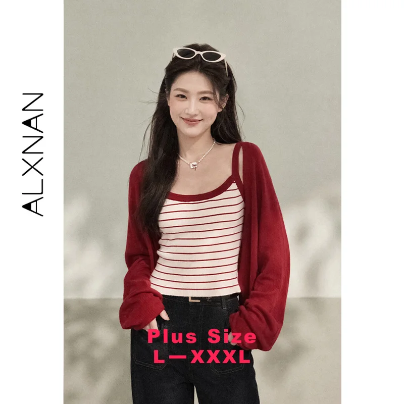 

ALXNAN Plus Size Red Knit Cardigan Women 2026 Autumn Vintage Elegant Long Sleeve Sweater Elegant Bat Sleeve Top Female D12316