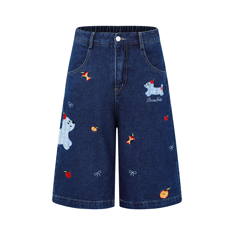 

Женские летние джинсовые брюки в стиле ретро с вышивкой маленькой собаки, свободные, широкие, прямого кроя, с высокой талией, укороченные (7/8)