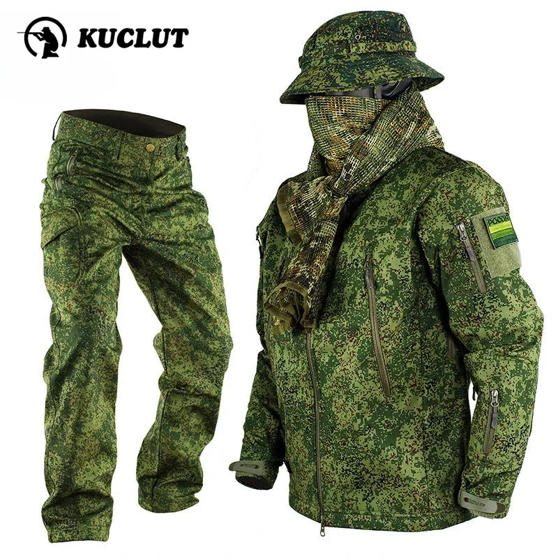 Mens  Waterproof Windproof Training Set Hooded Soft Shell Russian Camouflage Clothingof Multi Pocket Work Pants 2-piece Set