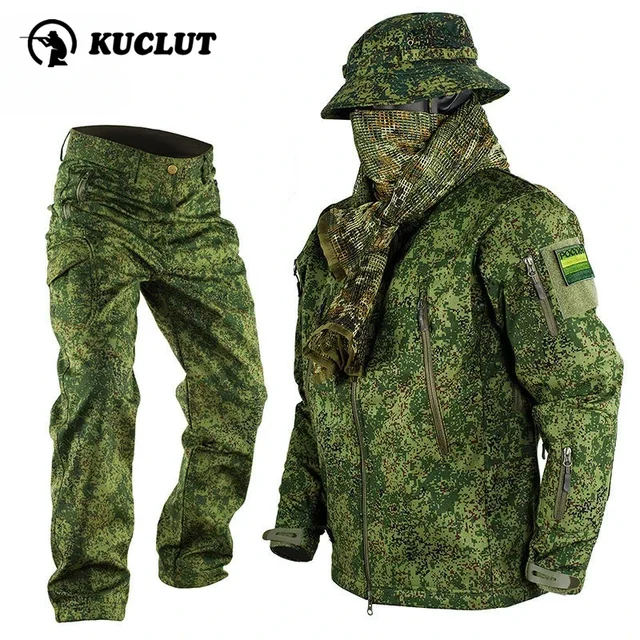 Męski wodoodporny, wiatroszczelny zestaw treningowy z kapturem Soft Shell rosyjski kamuflaż odzież z wieloma kieszeniami spodnie robocze 2-częściowy zestaw