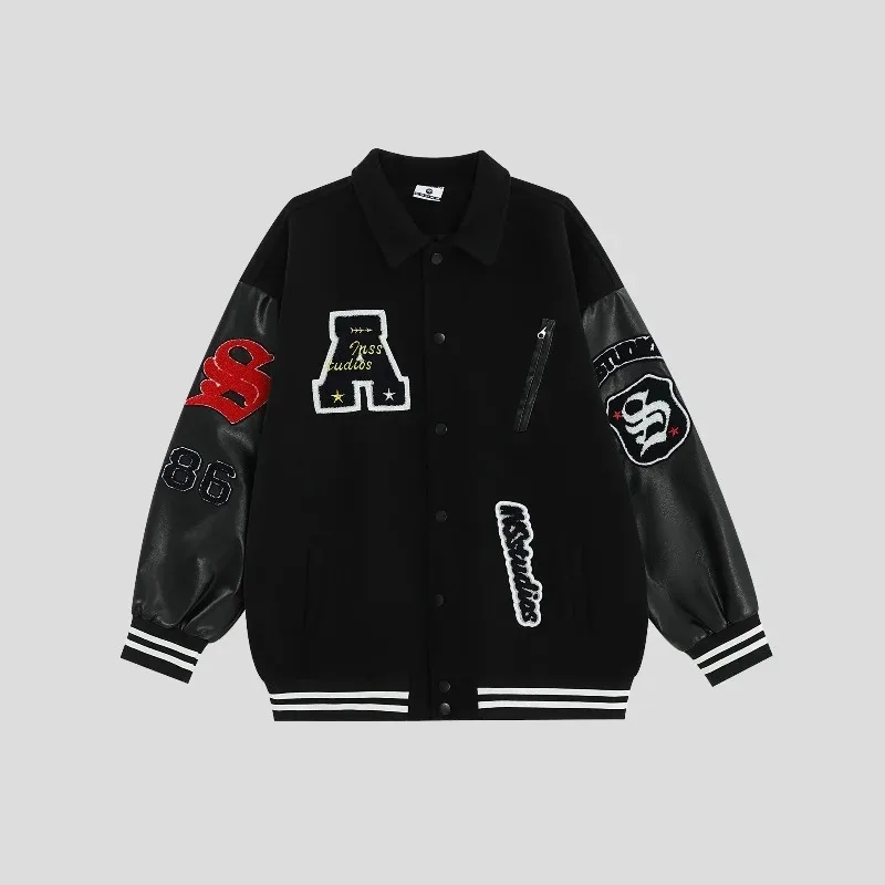 American Retro Embroidered Baseball Uniform Women Varsity Jackets Spring Autumn Spliced PU Sleeves Vintage Bomber Jacket Women