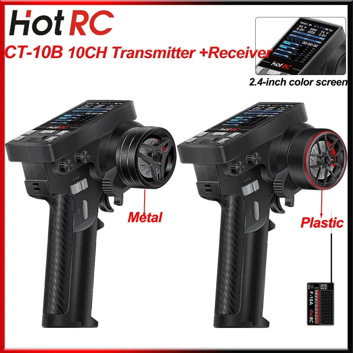 HOTRC CT10B 10CH 2.4GHz Transmitter F-10A Receiver Metal/Plastic Handwheel Color Screen Remote Control for RC Cars Tank Plane