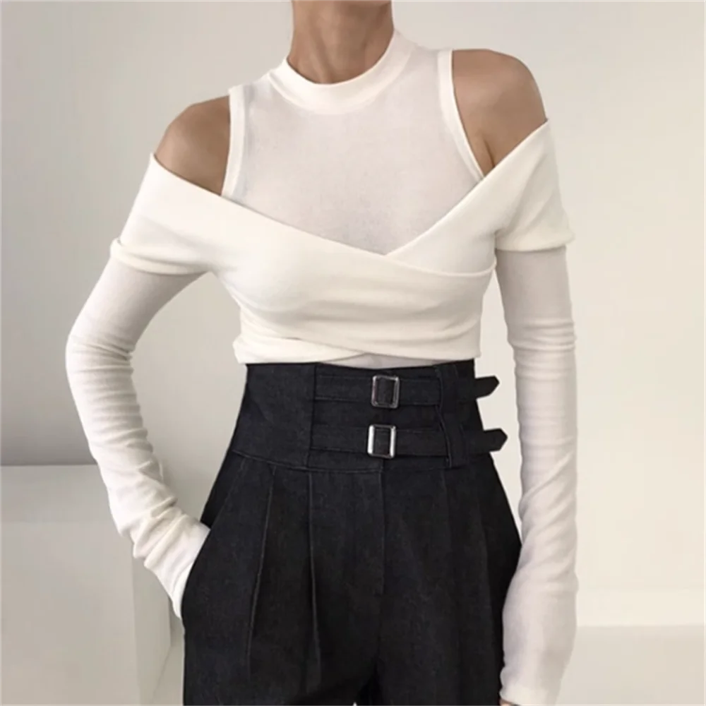 Round neck bare shoulder cross-stitching design slim T-shirt long sleeves stretch top fashion women