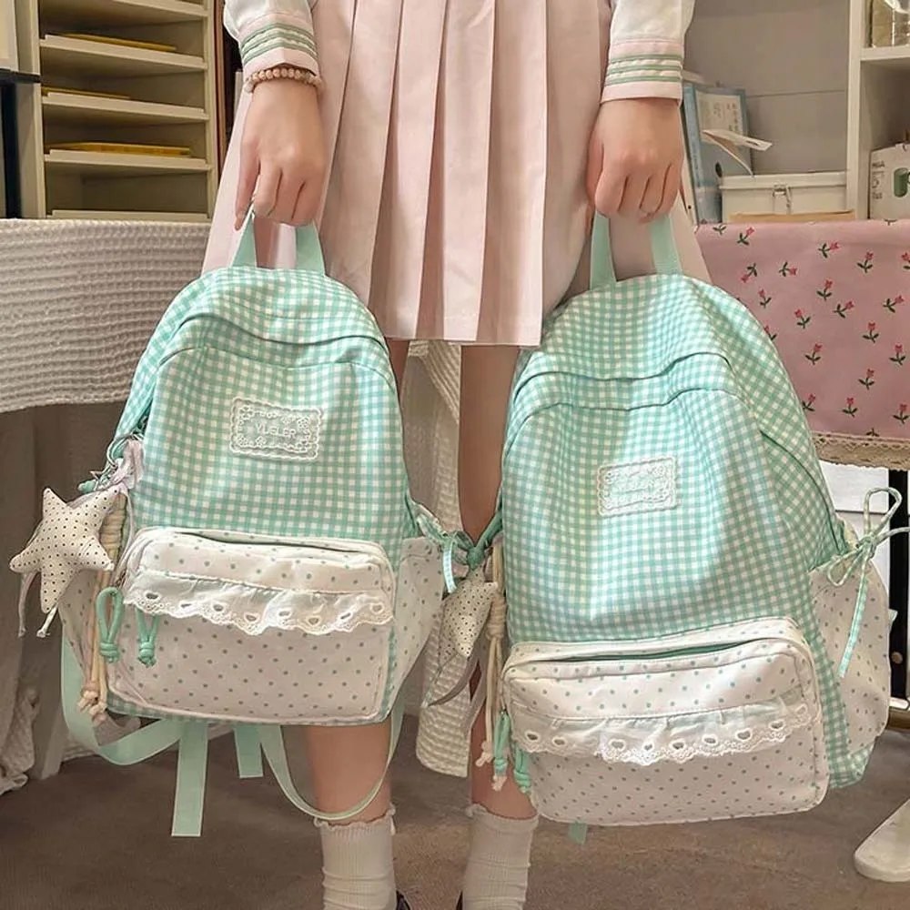 Korean Style Plaid Backpack Pastel Color Ruffle Design Lace Schoolbag Adjustable Straps Large Capacity Gingham Daypack