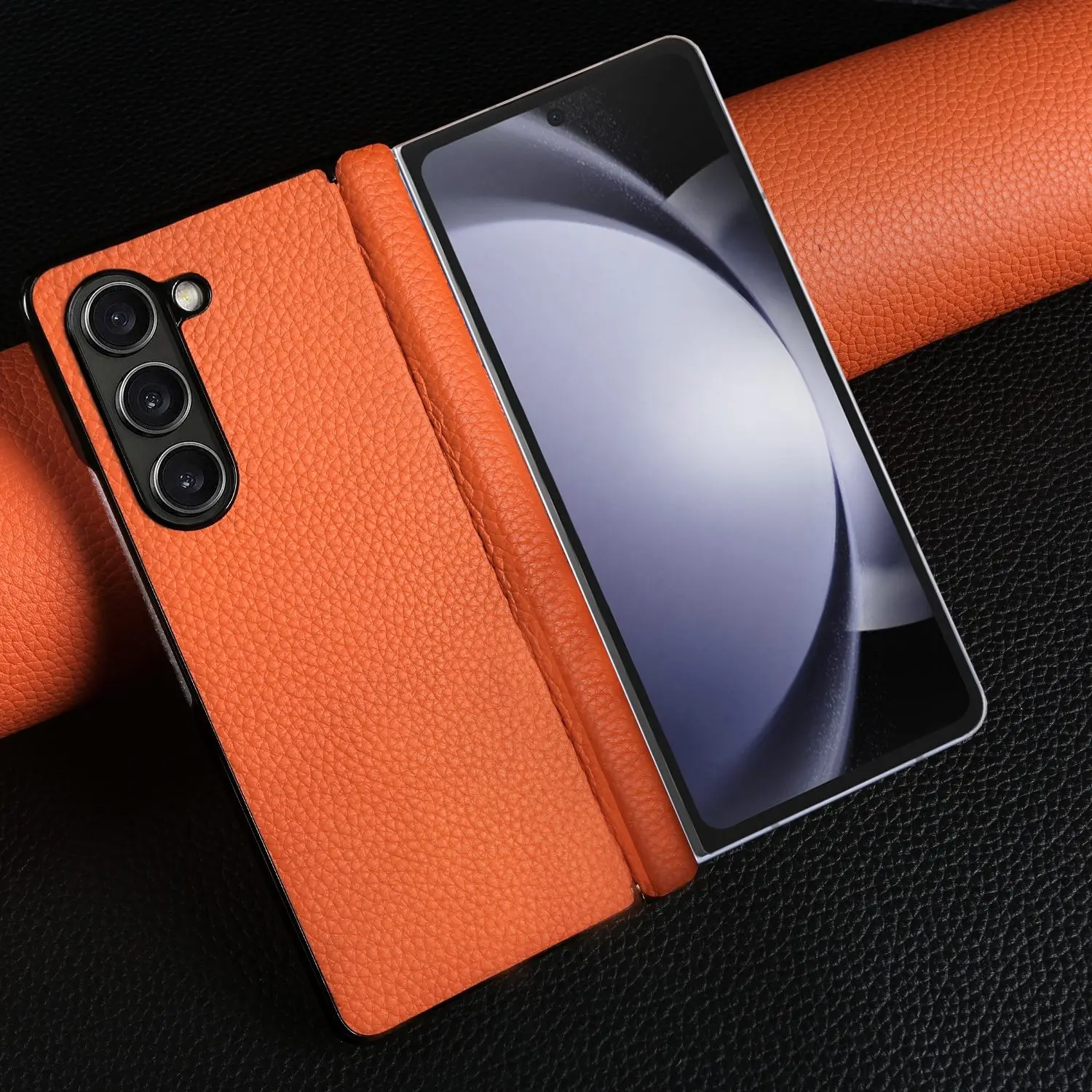 حافظة لهاتف سامسونج جالاكسي Z فولد 6 فولد 5 أغطية جلد طبيعي كابا واقية Etui Center Axis Back Coque Carcasa بدون جبهة