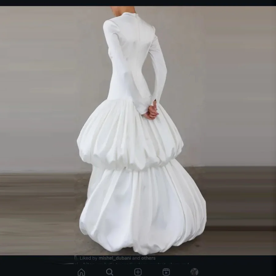 Nuevos vestidos largos escalonados blancos de alta costura, vestido de fiesta largo de manga larga con volantes, vestidos de fiesta fruncidos de línea A hechos a medida