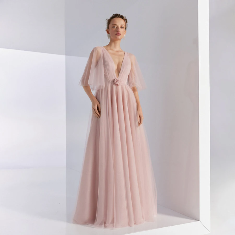 

Customized Simple DeepV-Neck Short Sleeve Plus Size Evening Dress A-line Backless And Zipper Custom Made Prom Gowns