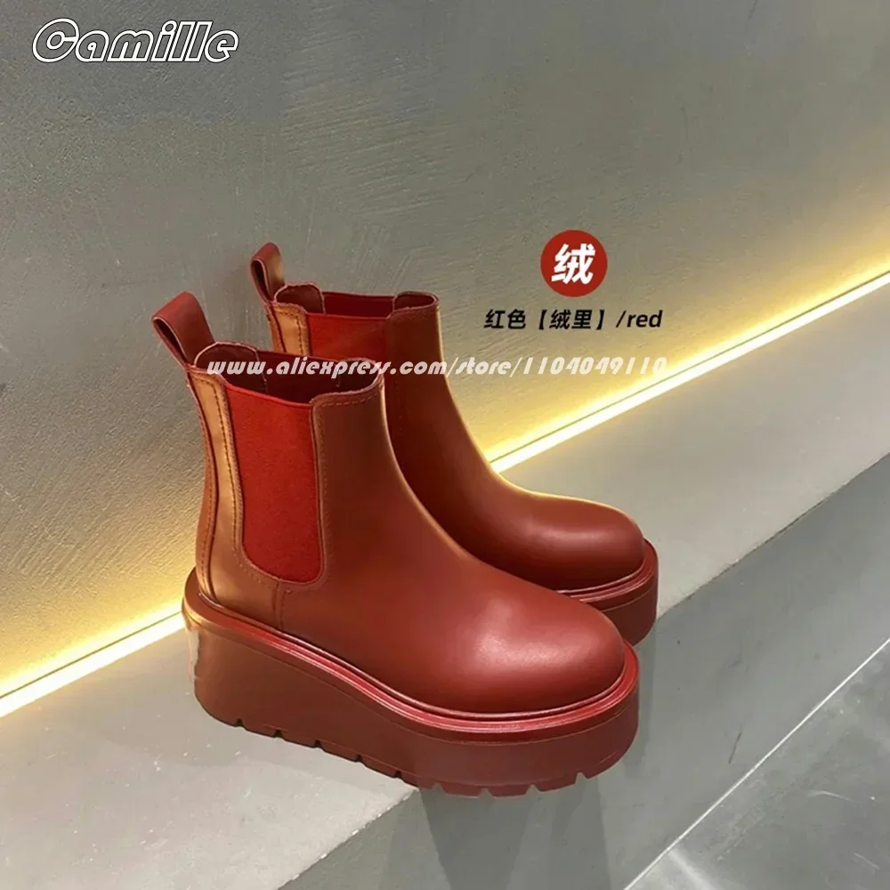Black Metal Rivet Wedges Slip On Modren Boots Autumn New All-Match Casual Mid Calf Boots Round Toe Platform Lady Grace Boots