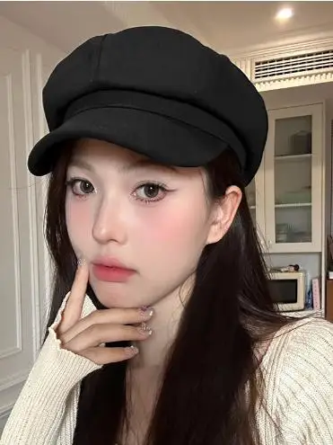 

Korean Sle Versatile Octagonal Beret Hat Women's ort Brim Retro Bla Newsboy Artist Cap Face Slimming Autumn Winter