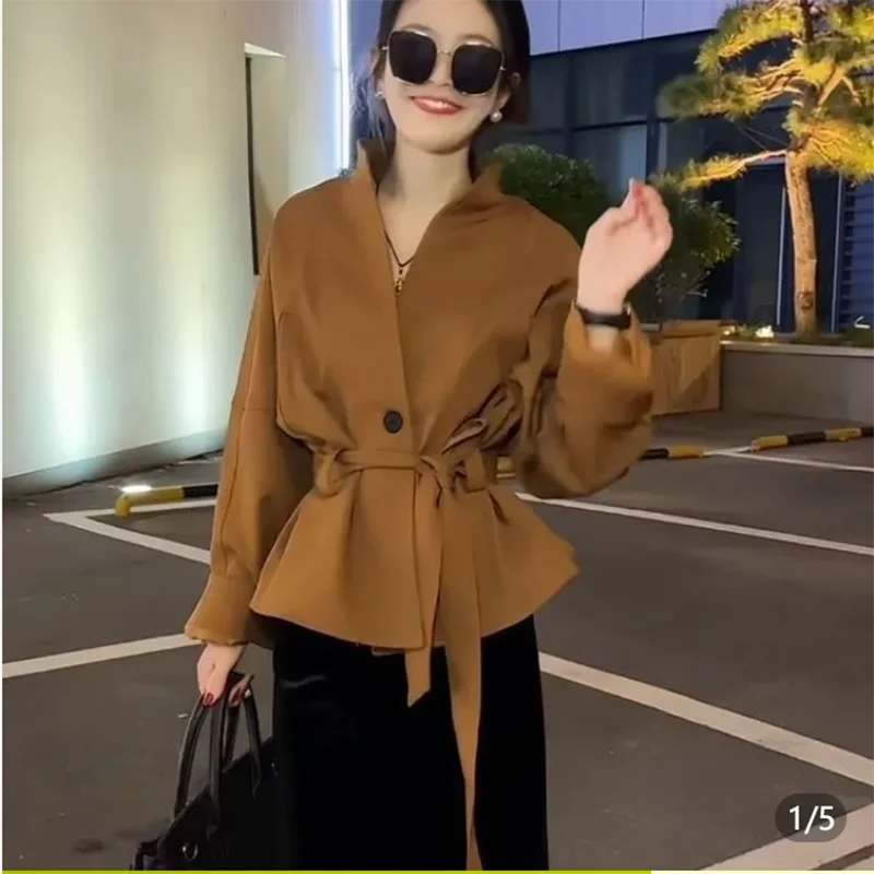 Style Stand Collar Belted Coat For Women Elegant Slimming Autumn Fashion High Waist Tunic Top Ladylike Trendy Outerwear