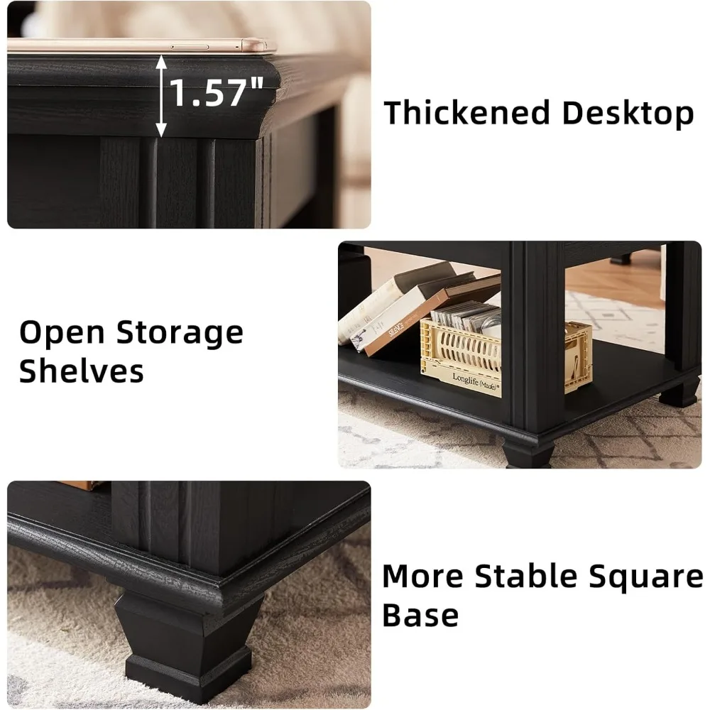 Tables basses de ferme pour salon, Table à thé carrée avec étagère de rangement ouverte, grande Table basse, Table centrale en bois rustique