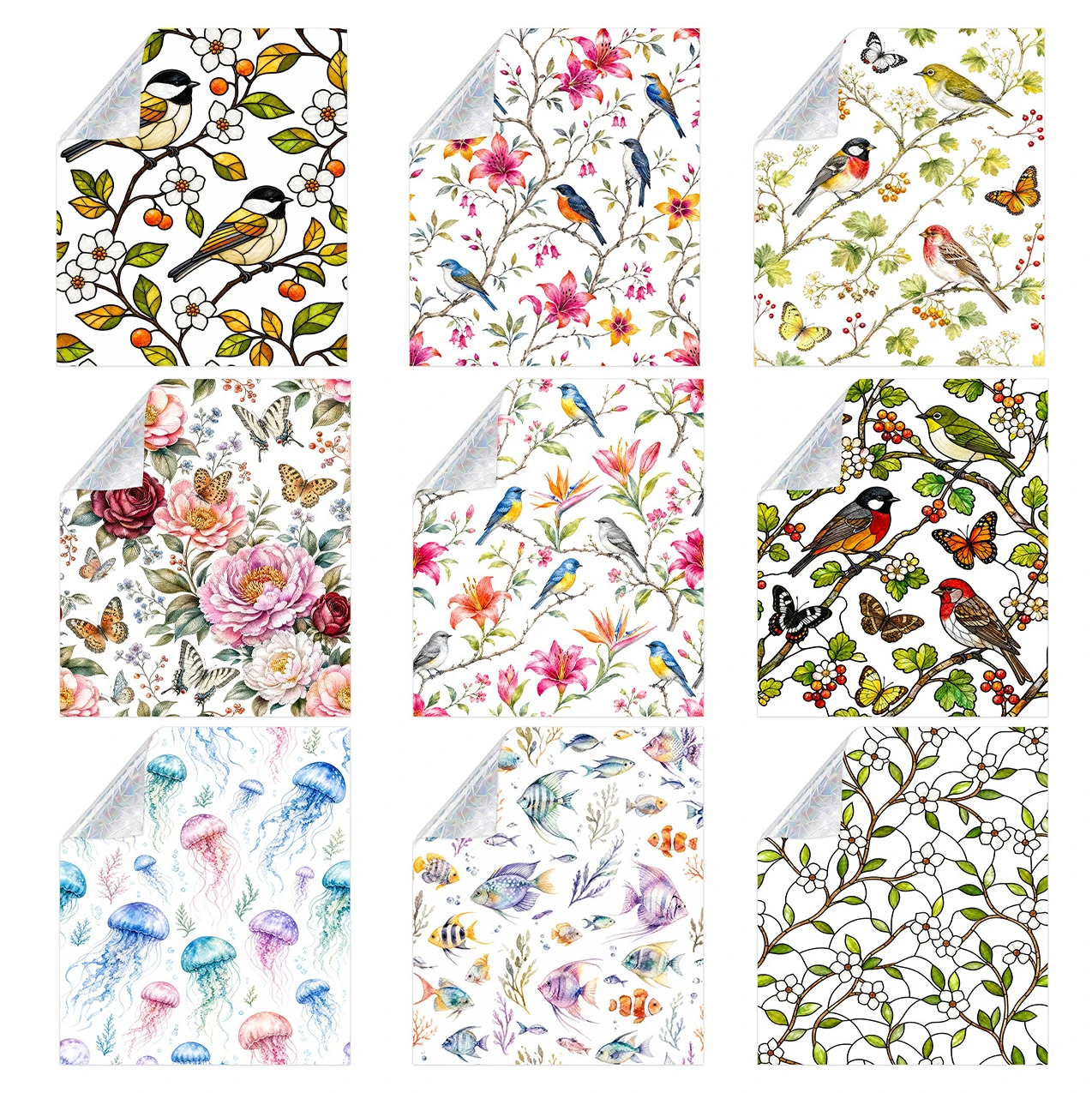 Floral Bird Leaf Static Glass Sticker, Adhesive-Free Reusable Static Window Cling, Anti-peeping Decor Decal for Door & Window