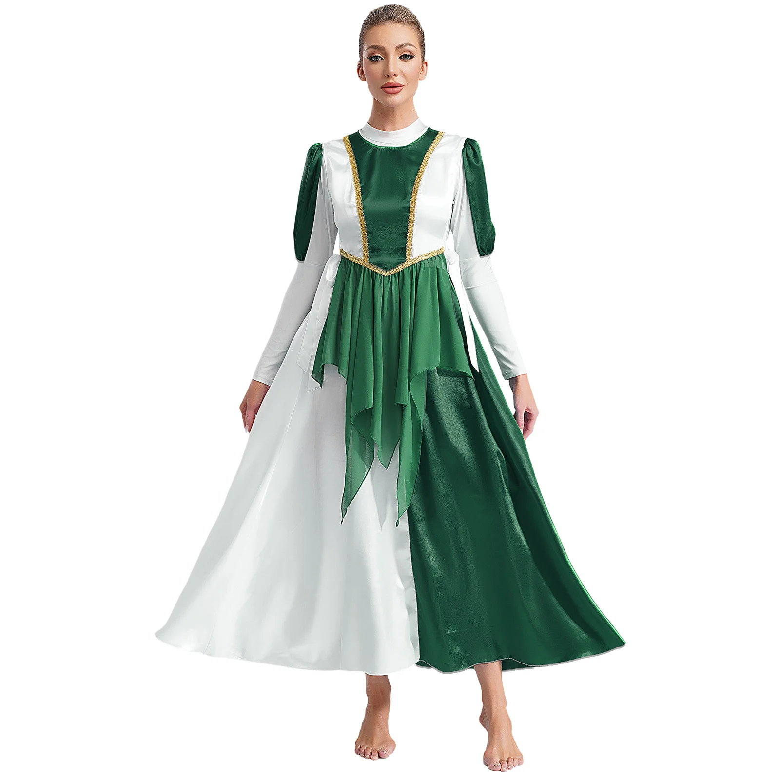 Women Liturgical Worship Dance Costume Outfit Color Block Praise Dancewear Long Sleeve Maxi Dress with Sides Split Lace-up Vest