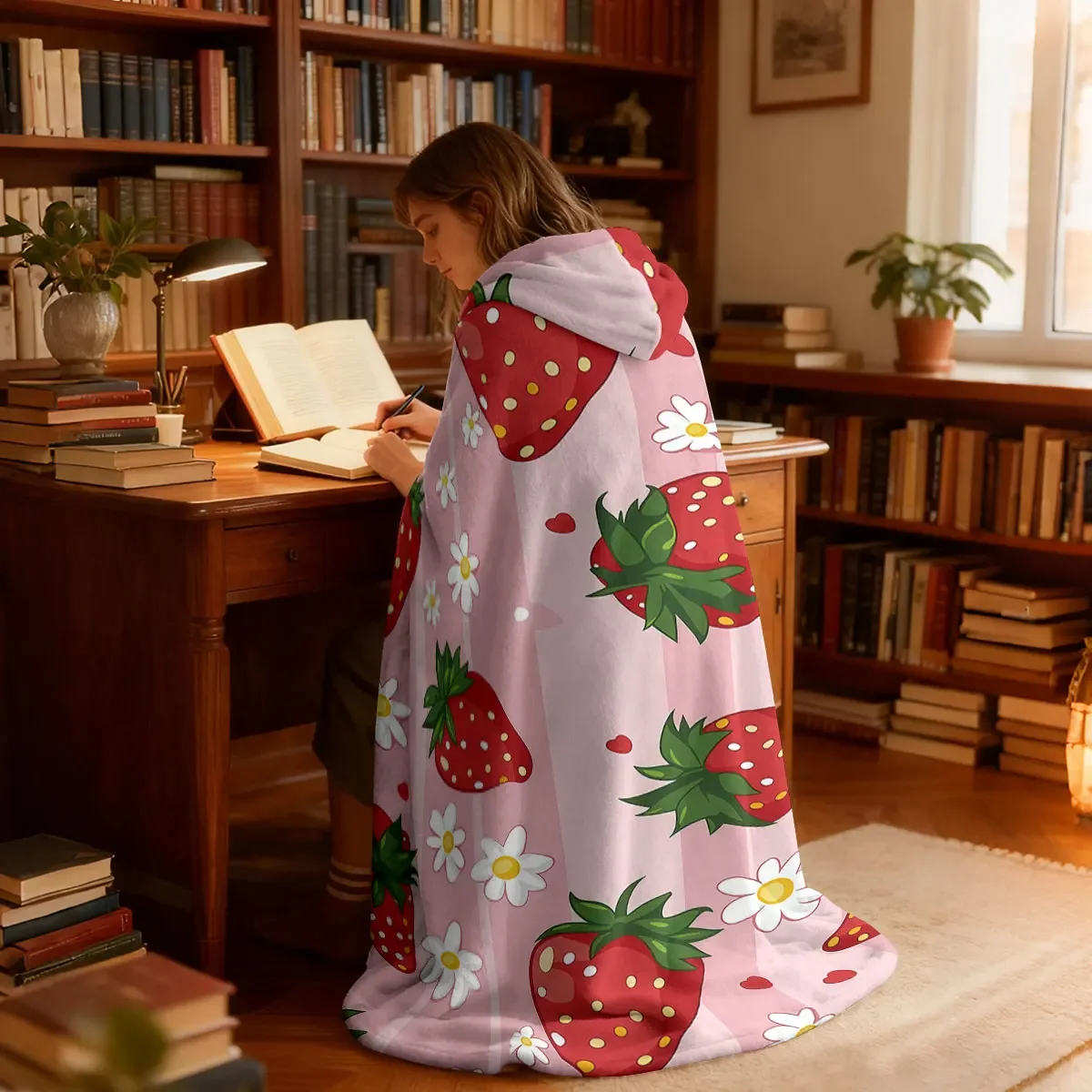 1pc pink striped strawberry daisy print flannel hoodie, can be worn as a cape blanket multiple sizes