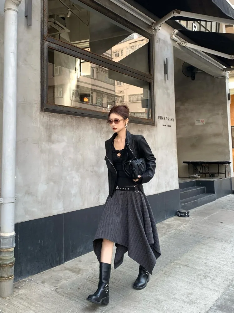 【FANGTING】Women's Striped Irregular Umbrella Skirt Design Sense Skirt Simple Versatile A-line Midi Skirt