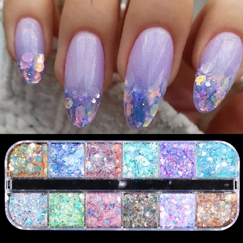 1 caja de lentejuelas Aurora para uñas, cristal fino Irregular, mariposa, estrella, copos de uñas brillantes, esmalte de Gel UV, decoraciones artísticas para manicura