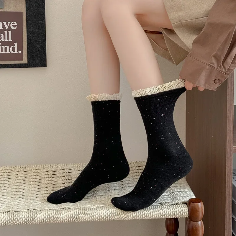 أسود أبيض رمادي الجوارب الطويلة اليابانية موضة الكورية أنماط لوليتا الدانتيل كشكش الجوارب خمر الأوسط جوارب أنبوبية النساء الألوان الصلبة #5