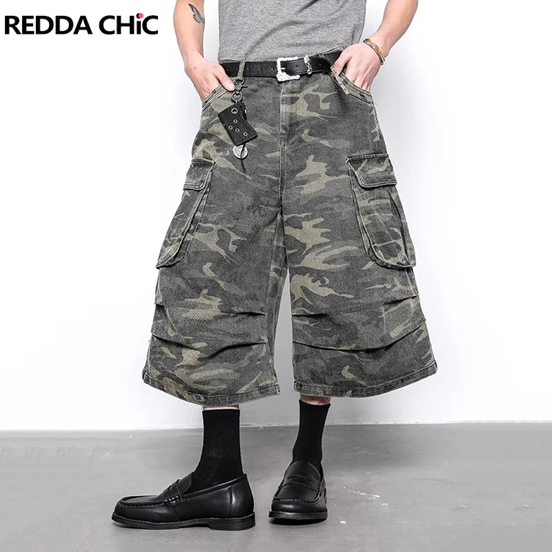 

REDDACHiC Denim Camouflage Bermuda Pants for Men Casual Loose Wide Leg Pleated Cargo Pockets Jean Shorts Harajuku Streetwear