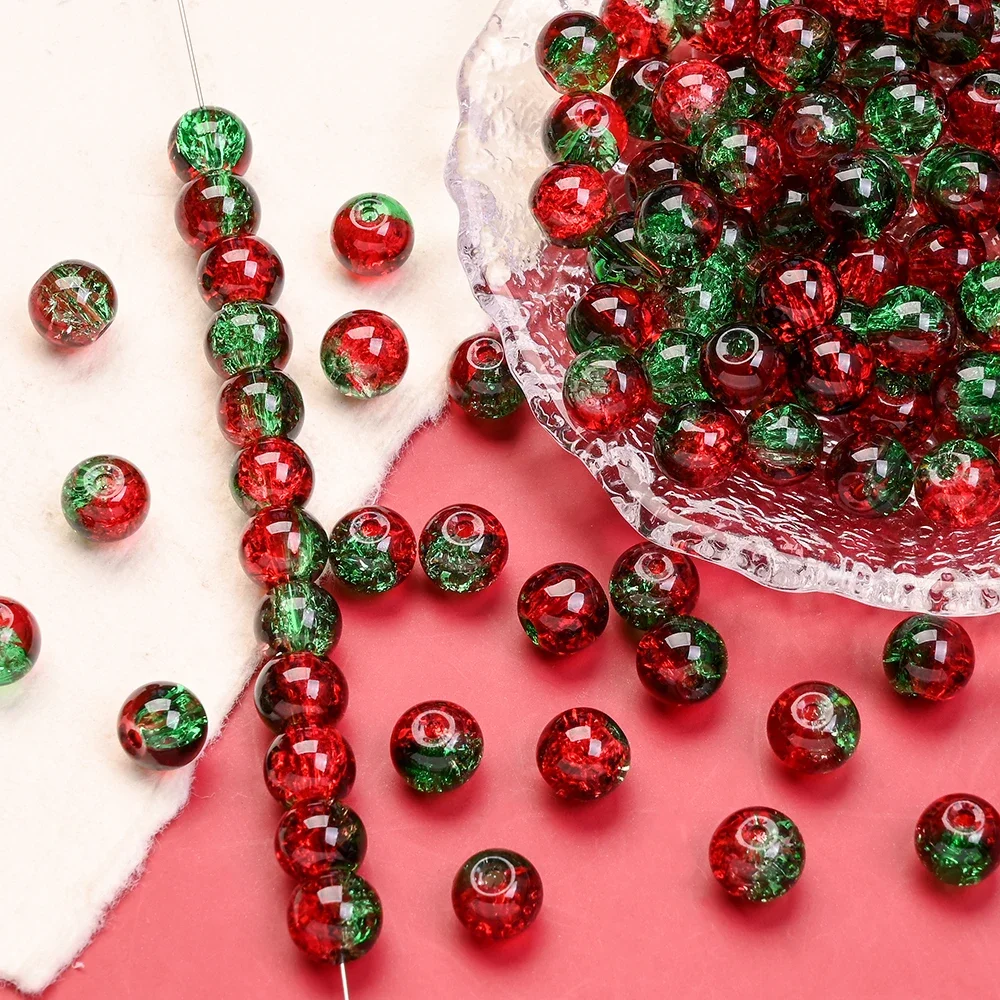 50/100pcs 8mm Christmas Crystal Glass Beads - Red & Green Gradient Crack Spacer Beads for DIY Jewelry (Bracelet/Necklace)