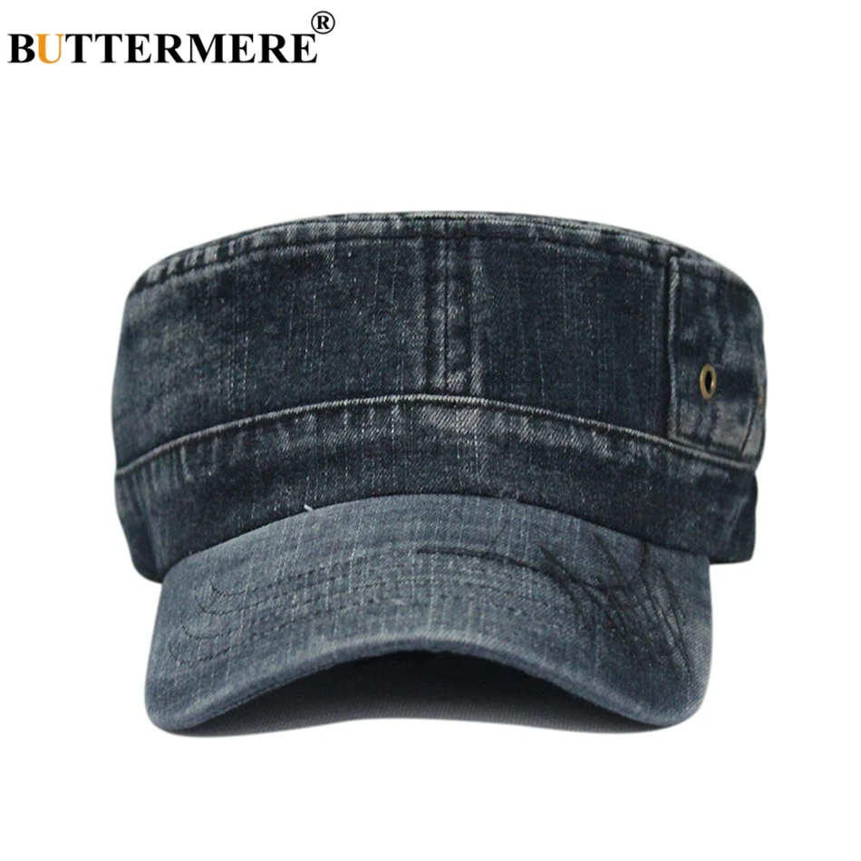 BUTTERMERE Army Hats Denim Mens Vintage Spring Summer Baker Boy Hat Male Casual Flat Top Jeans Beret Military Caps And Hats