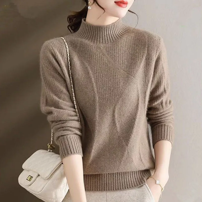 Winter Fashion Loose Thickened Half High Neck Solid Color Versatile Temperament Reduced Age Knitted Long Sleeve Women\'s Sweater