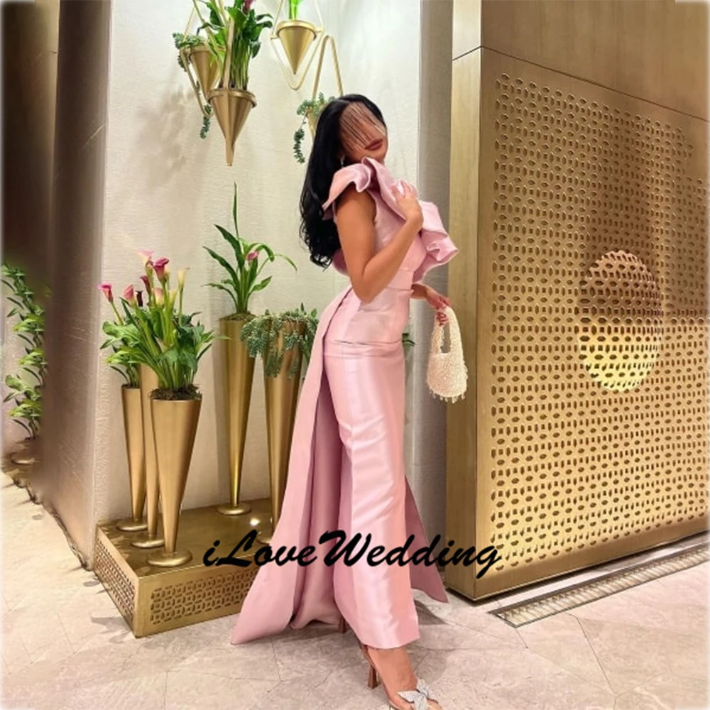 Abito da sera arabo lungo rosa vintage personalizzato con abiti da ballo pieghettati alla caviglia con volant dritto e monospalla per le donne