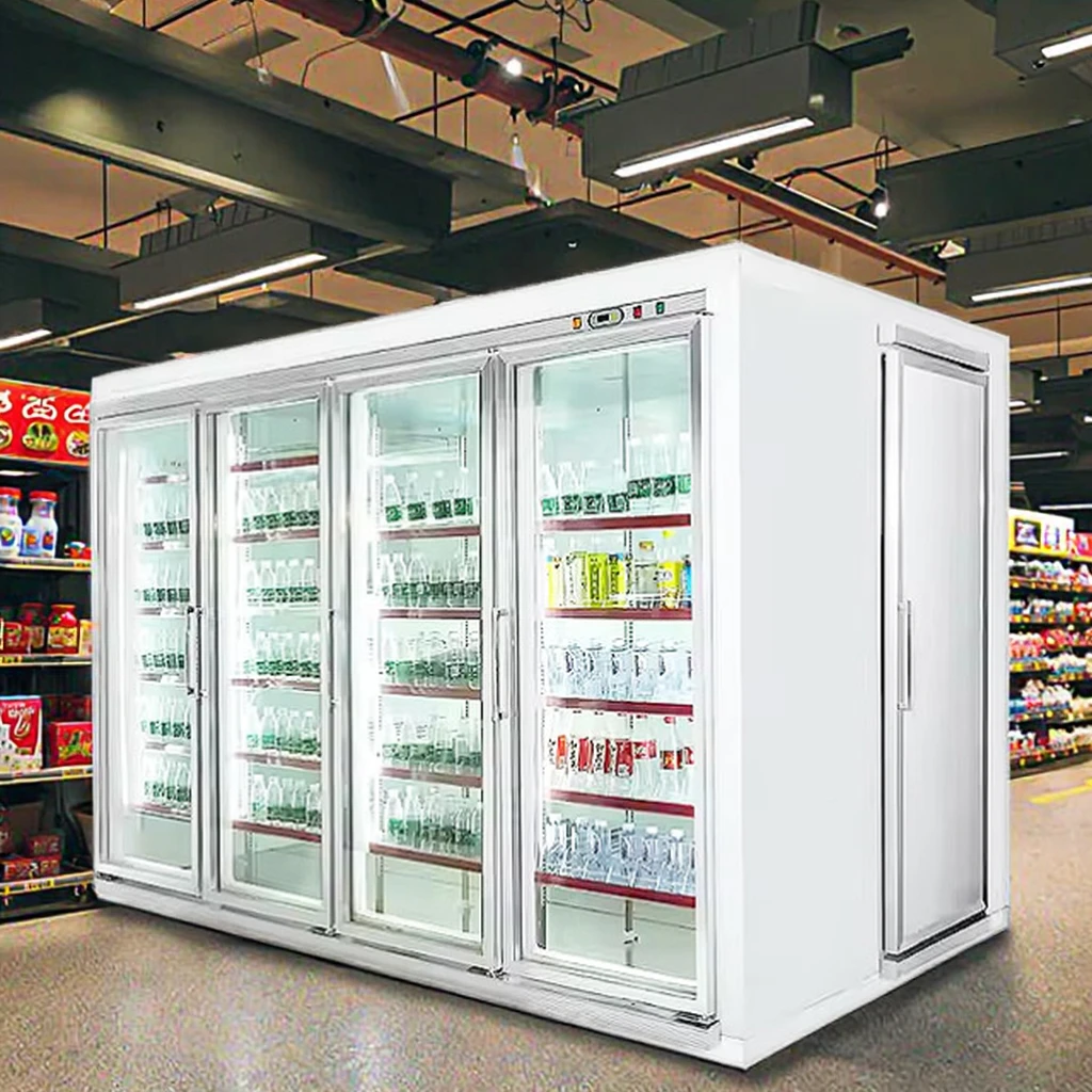 Supermarket Walk-in Cooler Industrial Freezer With Shelves Swing Glass Door 2 to 8 Degree Cold Room for Convenience Store