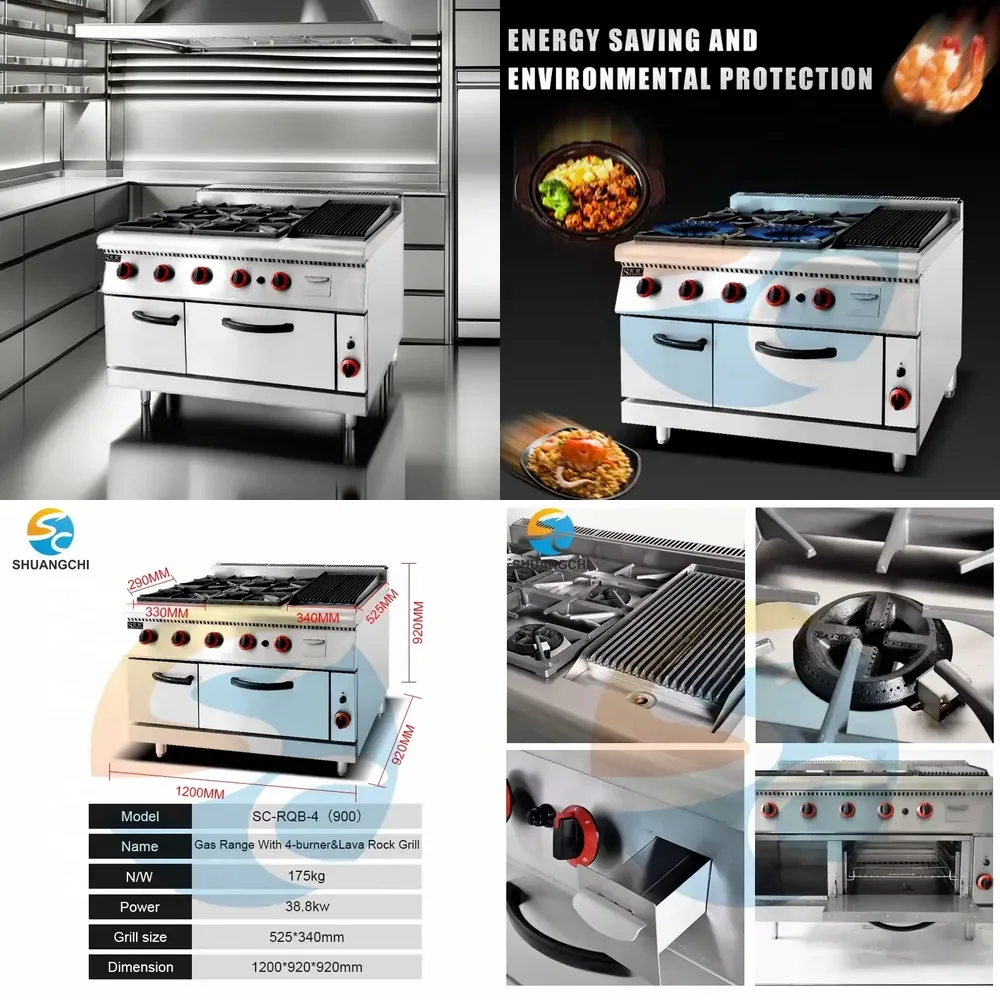 

Heavy-Duty Commercial 4-Burner Cooker and Griddle Built-in Stainless Steel Oven for Hotels Restaurants Combination Oven