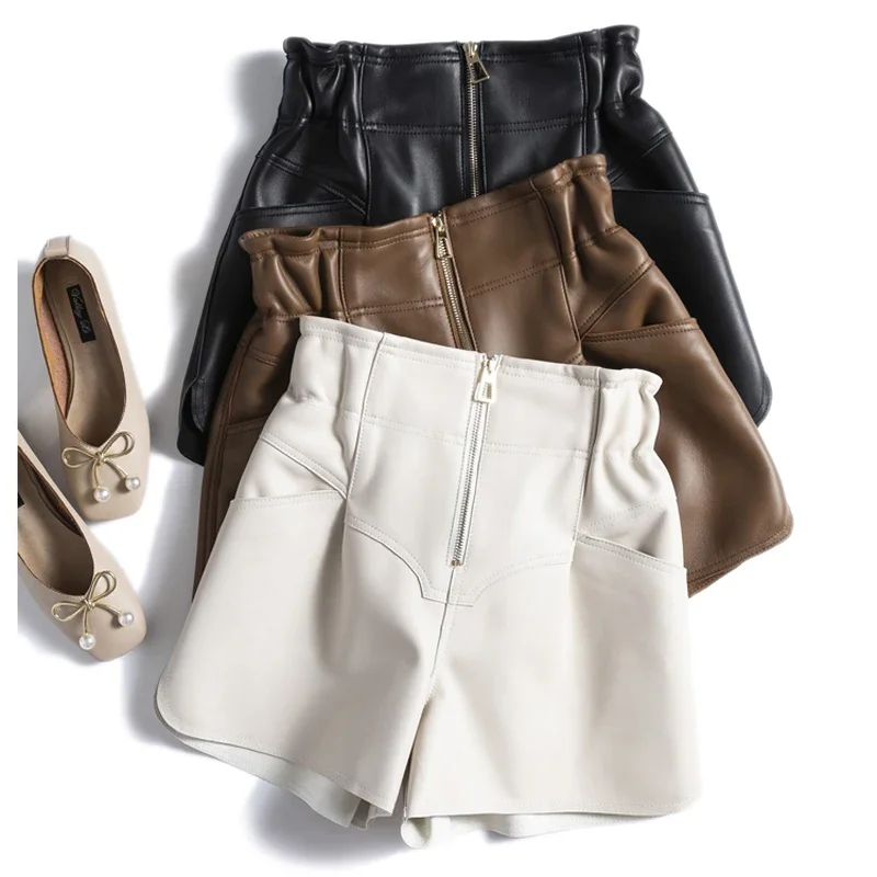 

Fashion Genuine Leather Shorts For Women Elegant Flower Bud High Elastic Waist White Pants Female Side Pockets Casual
