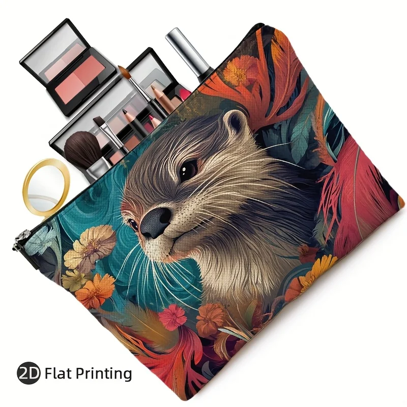Kolorowa kosmetyczka w kwiaty i z motywem wydry - wielofunkcyjna saszetka na zamek błyskawiczny, etui na biżuterię, idealna podróżna mała torba do przechowywania na zamek błyskawiczny.