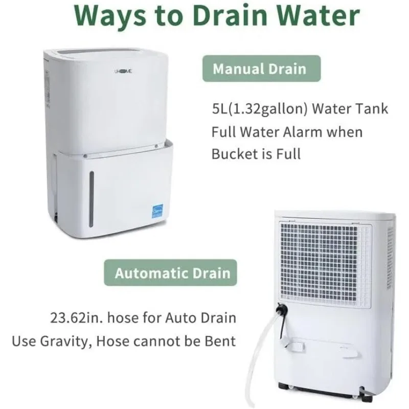 Uhome 120 Pints مزيل الرطوبة مع خرطوم الصرف - 6000 مربع. مزيل الرطوبة الهادئ للمنزل والطابق السفلي والتخزين والغرف الكبيرة