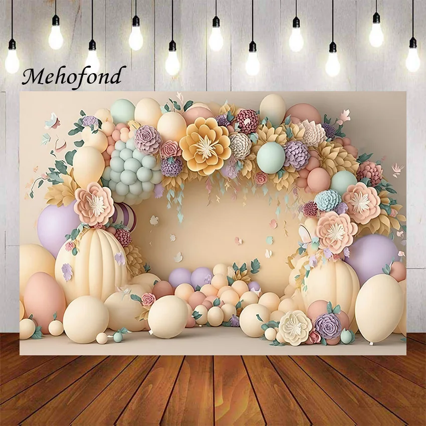 Mehofond-Fondo de fotografía con arco azul, globos, flores, pastel de fiesta de cumpleaños de niña, retrato de Smash, decoración, telón de fondo para estudio fotográfico
