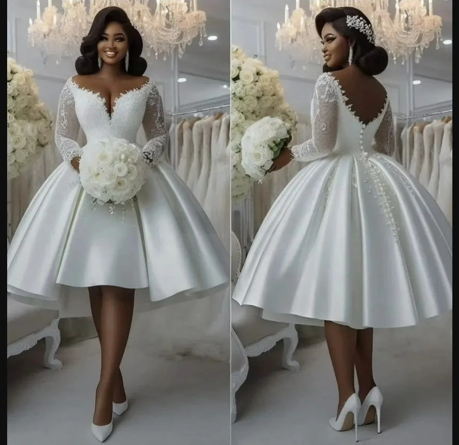 Gaun Pengantin Pendek dengan Aplikasi Renda di Leher, Model Ballgown, Lengan Panjang, Panjang Selutut, Vestidos De Novia