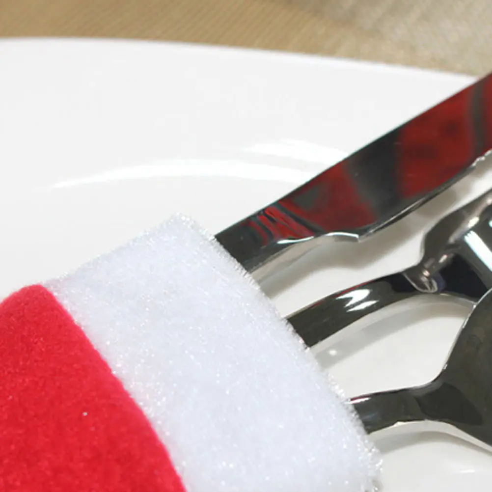 

48pcs Xmas Hat Cutlery Covers Red Wine Bottle Hats Cloth Mini Fork Cutter Cover For Christmas Tableware Decor Dining