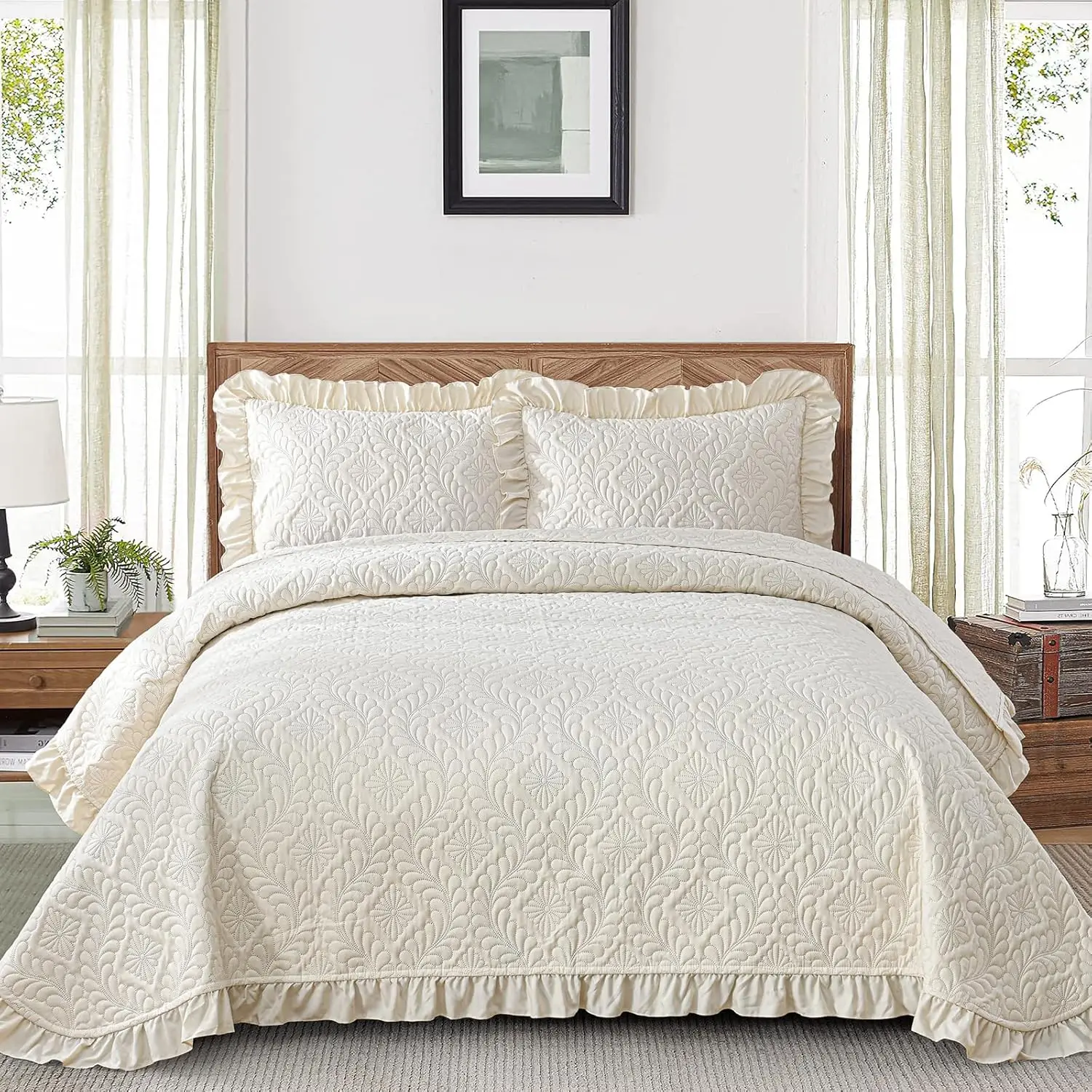 Beige Ruffled Lightweight Soft Bedspread Queen Size, Basket Weave Quilted Blanket Thin Cover for All Seasons - 3 Piece Set
