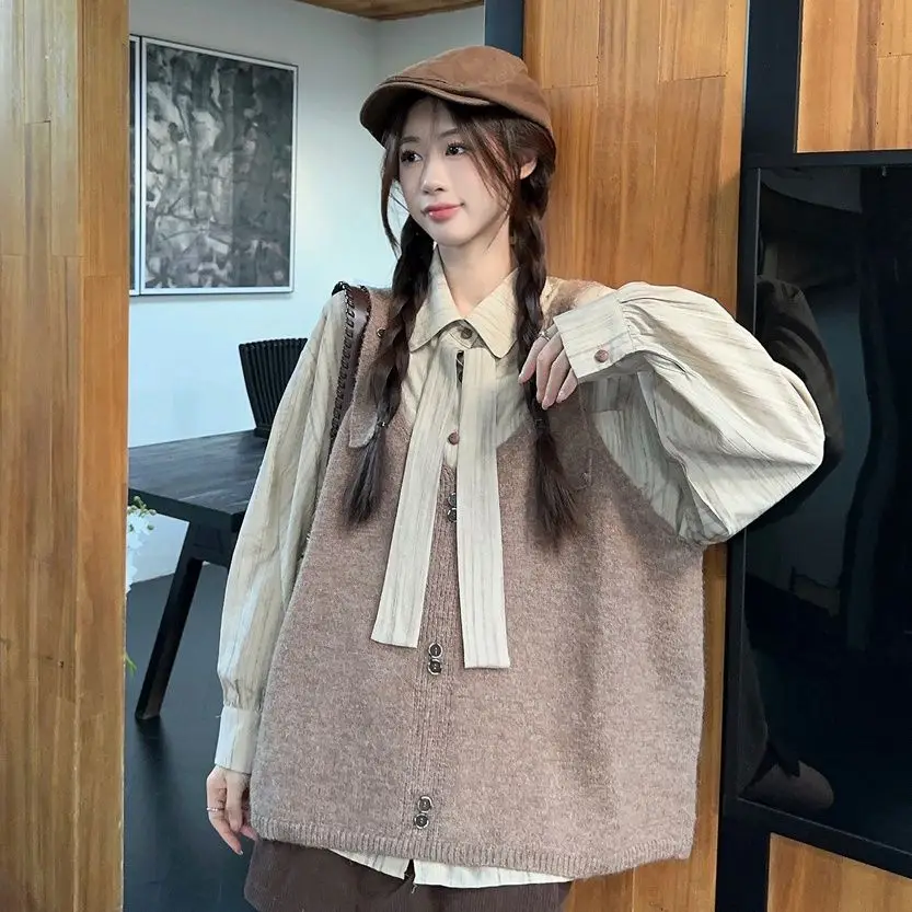 

Two-Piece Set Bow-Tie Long-Sleeved Shirt Mid-Length Sleeveless Vest Knitted College-Style Niche Design Suit