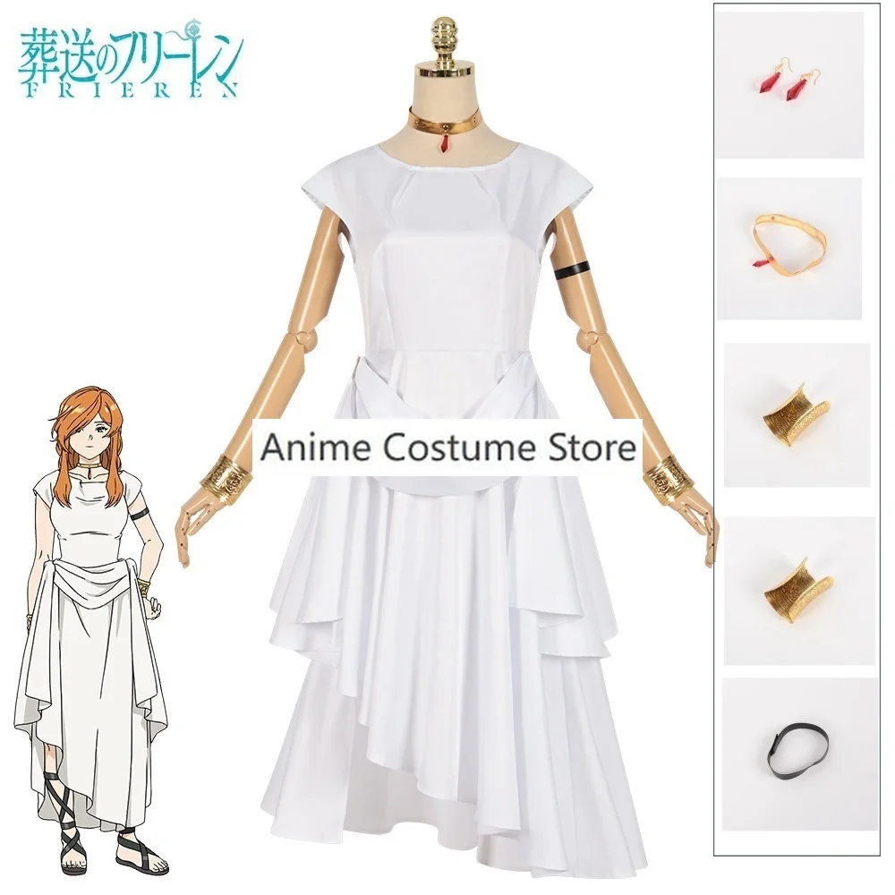 Anime Sousou No Frieren Flamme Cosplay Costume COSPLAY Frieren's Master White Long Dress Earrings Necklace Set Woman Clothes