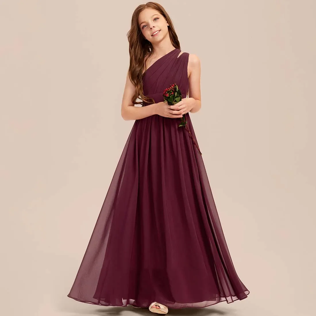 

A Line One Shoulder Floor Length Chiffon Junior Bridesmaid Dress Evening Dress New Elegant Banquet Gowns