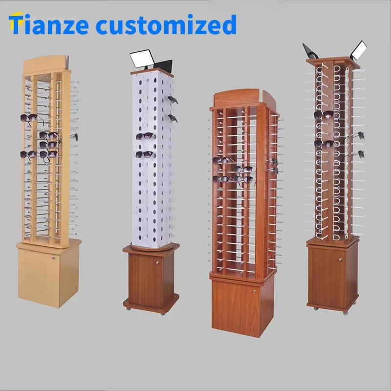 (Customized) Mobile Wooden Floor Standing Metal Acrylic Sunglass Display Stand Eyewear Optical Shop Rotating Sunglasses Display