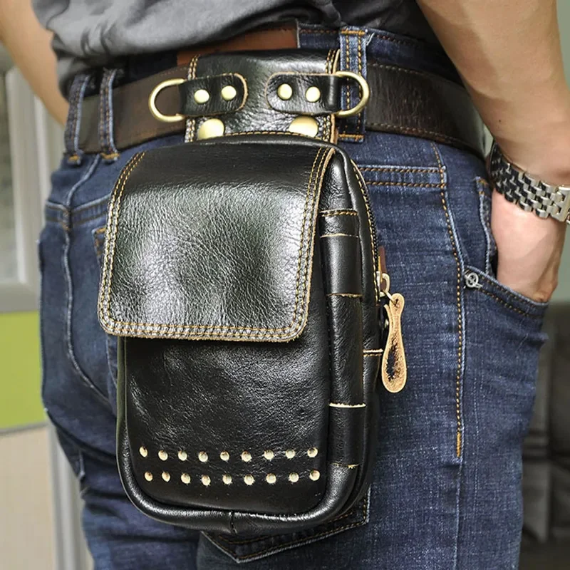 Oil Wax Cowhide Male Cell Phone Cigarette Case Waist Hook CrossBody Bag Hip Bum Belt High Quality Men Genuine Leather Fanny Pack