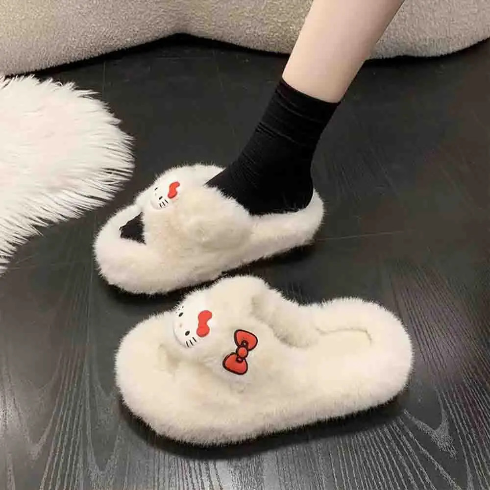 

Hello Kitty Women's Plush Slippers Anime Sanrio Kawaii Thick Bottom Autumn/winter Fluffy Soft Cute Student Girl Gift Home Shoes