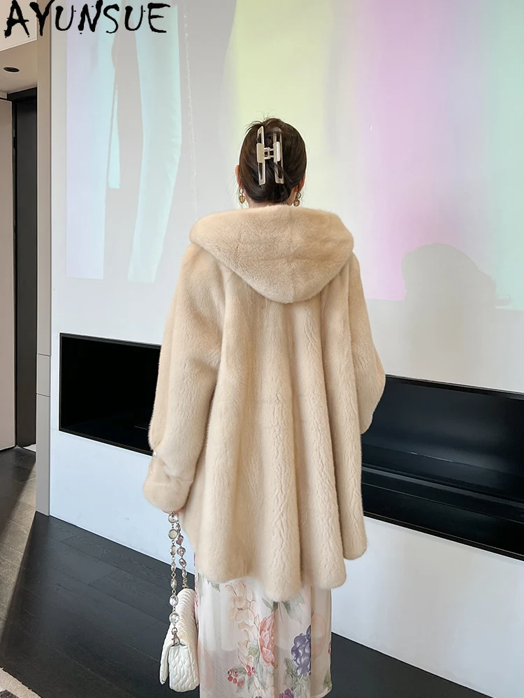 AYUNSUE Natürliche Samt Nerz Pelzmantel Frau Mit Kapuze Elegante Ganze Nerz Mantel für Frau Kleidung Hohe Qualität 2025, Abrigo Mujer