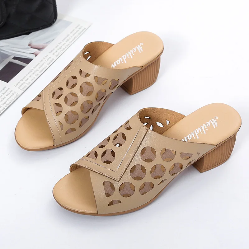 Summer Leather Women Shoes Ladies Mid Heel Slip-on Breathable Sandals Woman Open Toe Footwear Square Heel Beach Slippers