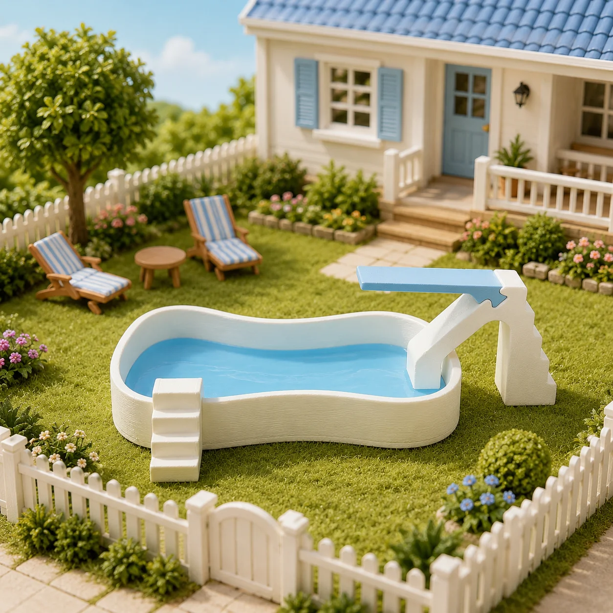 Miniature swimming pool with diving platform, miniature courtyard outdoor swimming pool model, scene shooting props view 4