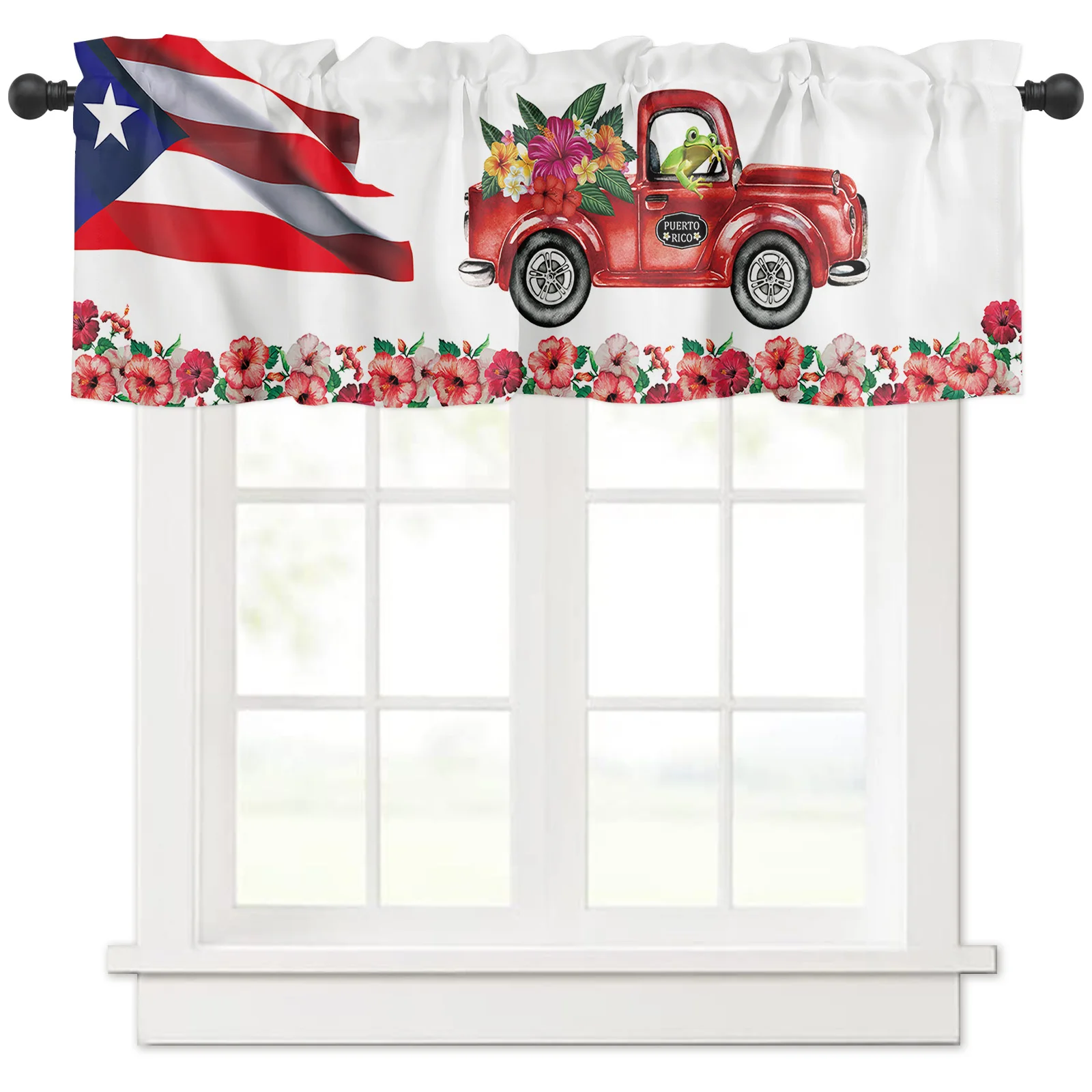 ZEDLIYU Valances for Windows Kitchen Living Room Small Window Valance Puerto Rico Vintage Red Car Hibiscus Frog Flag 1 Panel