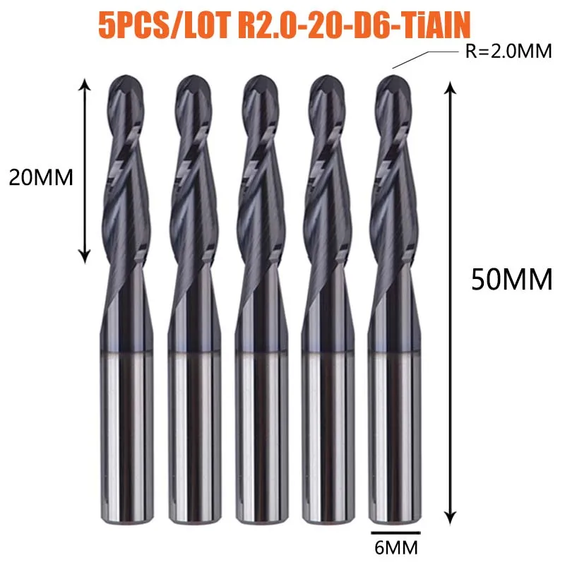 Dreanique 5 stuks/verpakking 4 6mm schacht 2 snijkanten hardmetaal volhardmetaal conische bolkop CNC graveerfrees frees voor hout en metaal