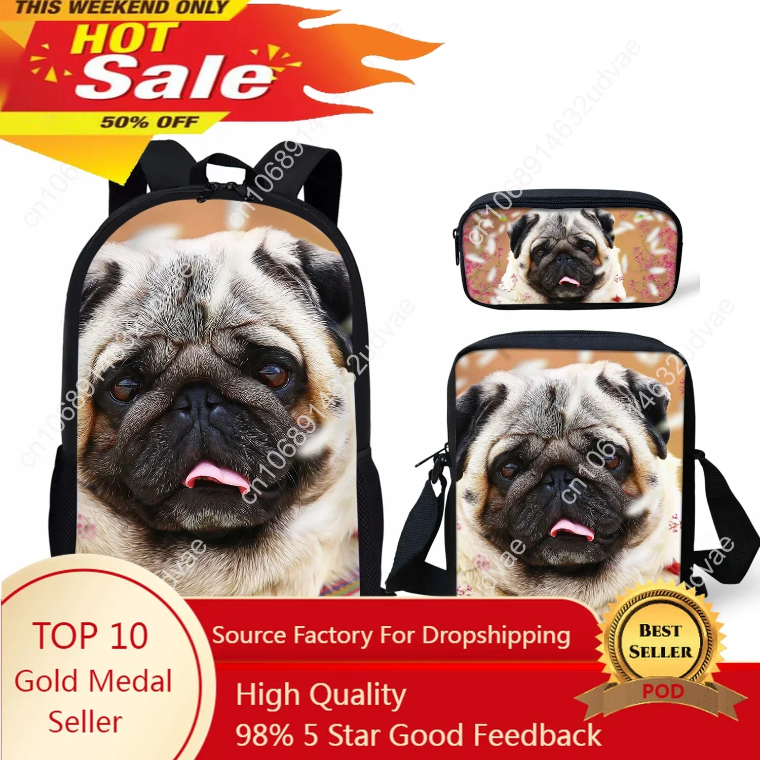 

Girls School Backpack Puppy Pug Print 3 Piece Backpack Lunch Bag Pencil Case Kids School Bag Shoulder Bag Women's Mochilas