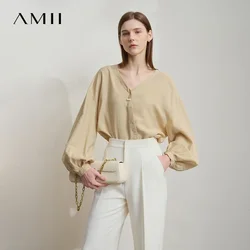 Amii Minimalist V-Neck Down Sleeve Women's Shirt 2025 Spring New Lyocell Solid Color Loose Casual Top Blouse Women 12551048